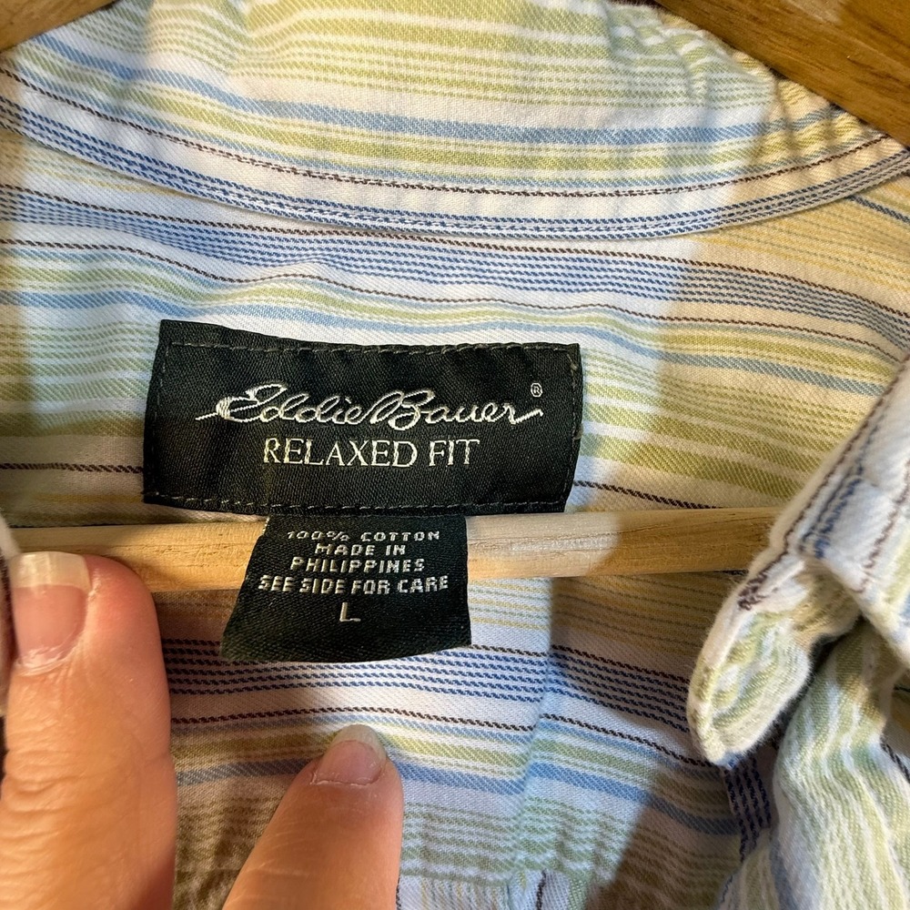 Eddie Bauer Mens Large Relaxed Fit Short Sleeve Striped Cotton Button Down Shirt - Picture 5 of 7
